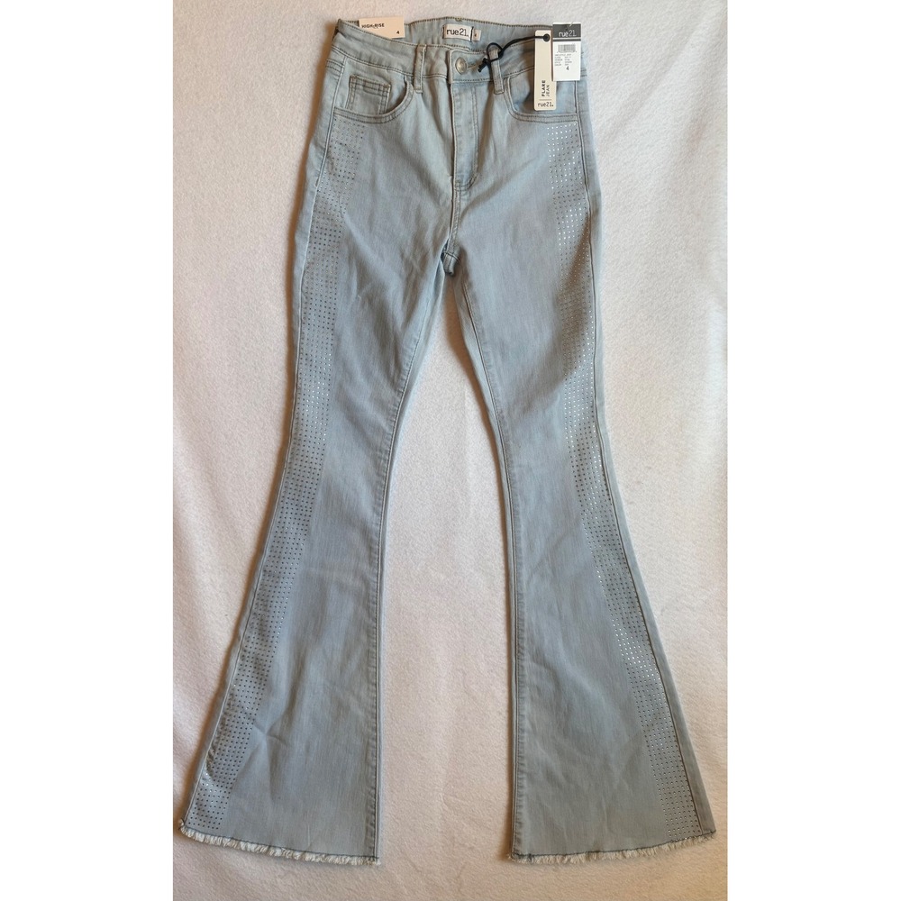 Rue21 High Rise Rhinestone Studded Flare Jeans Size‎ 4 Light Wash Y2K NWT